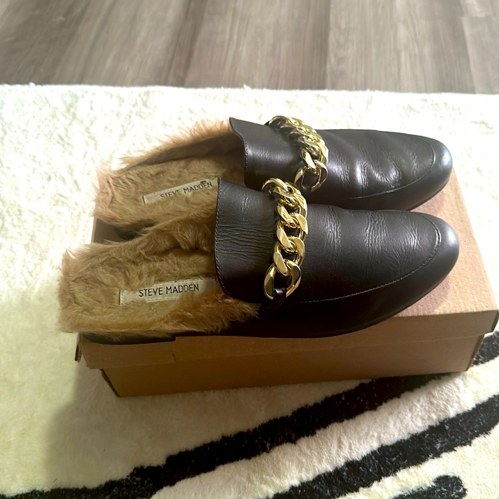 Black Steve Madden fur mules